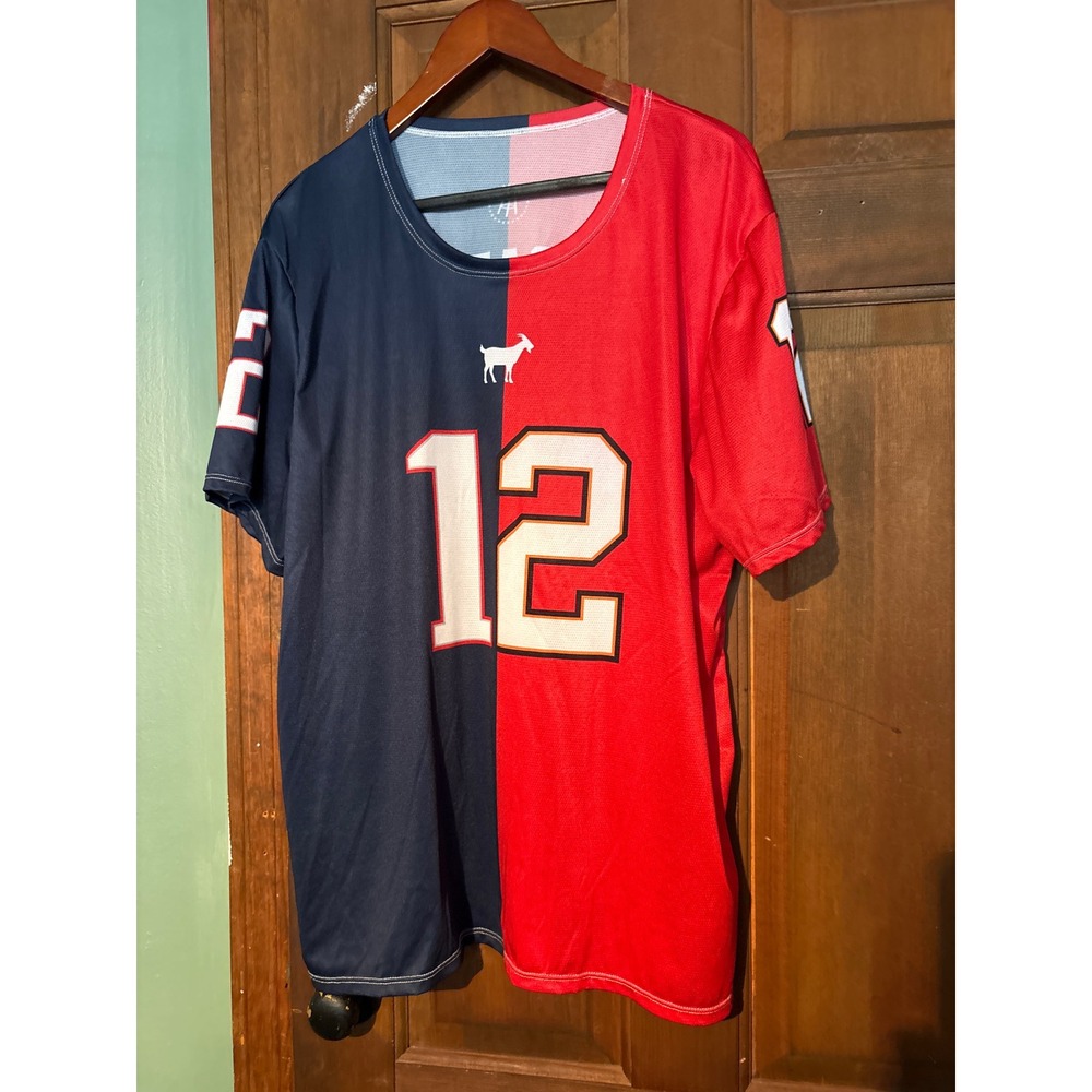 Barstool Sports Tom Brady GOAT 12 Split Jersey‎ Shirt Navy Red Mens 2XL